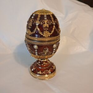 Ornate Jeweled Decorative Egg Trinket Box - Gold and Deep Burgundy